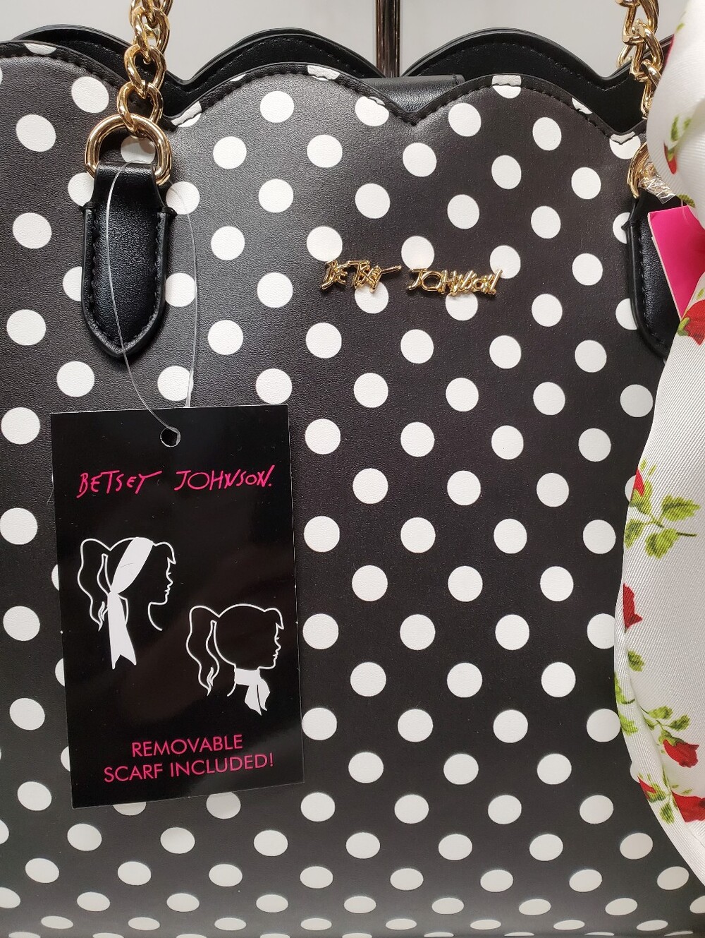 Betsey Johnson Black and White Polka Dot Tote with Floral Scarf Bow - Picture 2 of 6